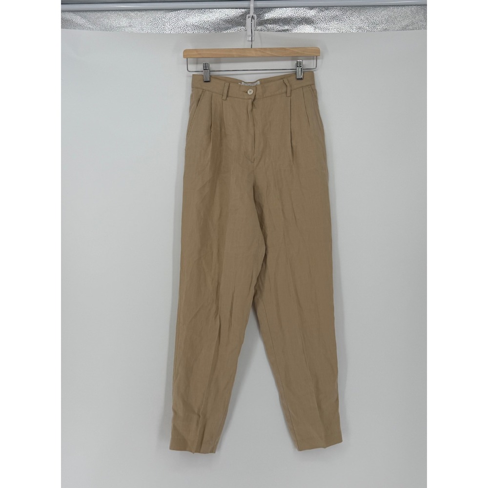 Benetton Linen Pants 42 Tan Good High Rise Pleated Tapered Italy Trousers